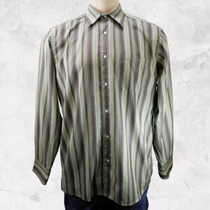 Lacoste Long Sleeve Dress Shirt Men's 42 Green Brown Striped Brushed Cotton